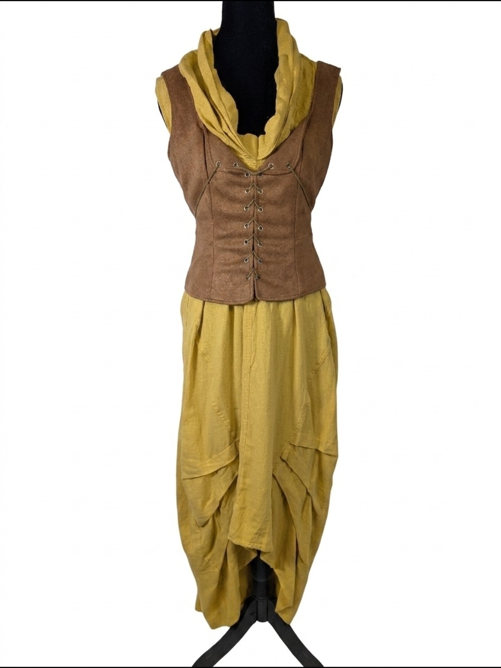 Draped Maxi Dress with Brown Lace-Up Bodice